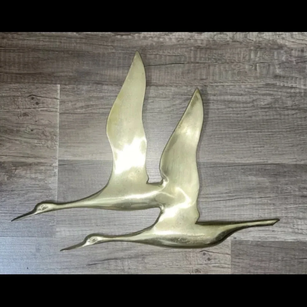 VTG✨SOLID Brass Wall Hanging Birds MCM Decor Gold 2 Cranes flying Made In TAIWAN
